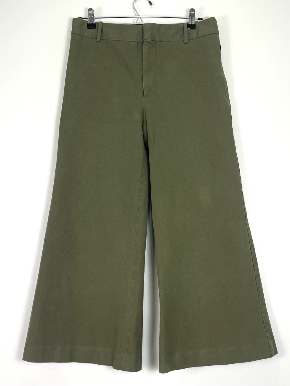 FRAME Women's Wide-Leg Cropped Olive Green Pants Stretch Zip Pockets Size 8